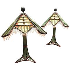 Antique English Painted Wicker Lamps with Shades 