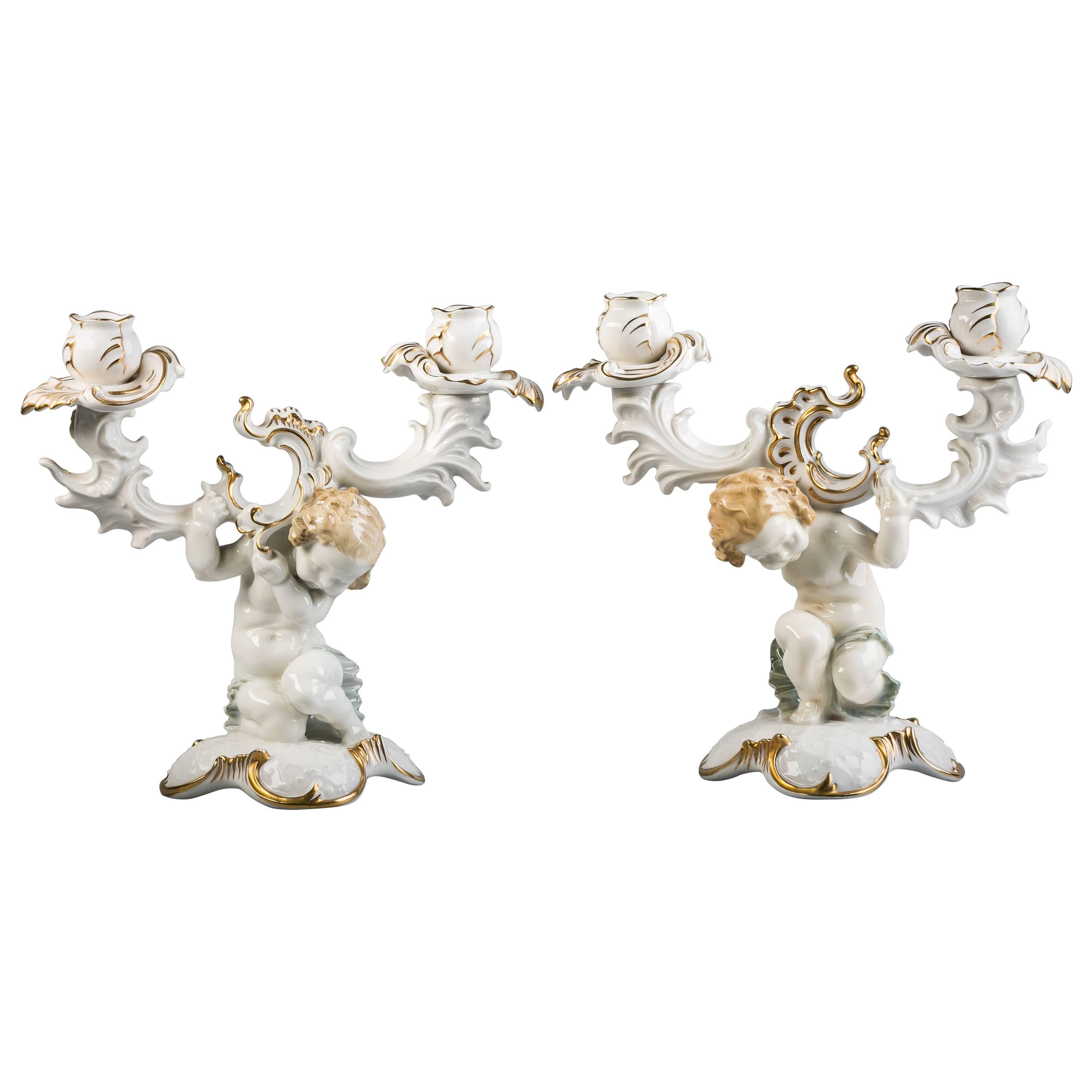 Pair of German Porcelain Two-Light Figural Candelabra, circa 1920 For Sale
