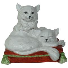 Beautiful Majolica Group of Two White Cats Seated on a Pillow