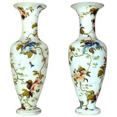 Pair of French White Opaline Vases with Floral Decorations