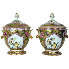 Pair of Dresden Painted Porcelain Covered Bowls with Bird and Flower Decorations