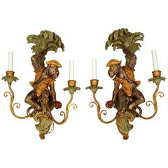 Pair of Two-Arm Wall Light Sconces with Monkey Figures