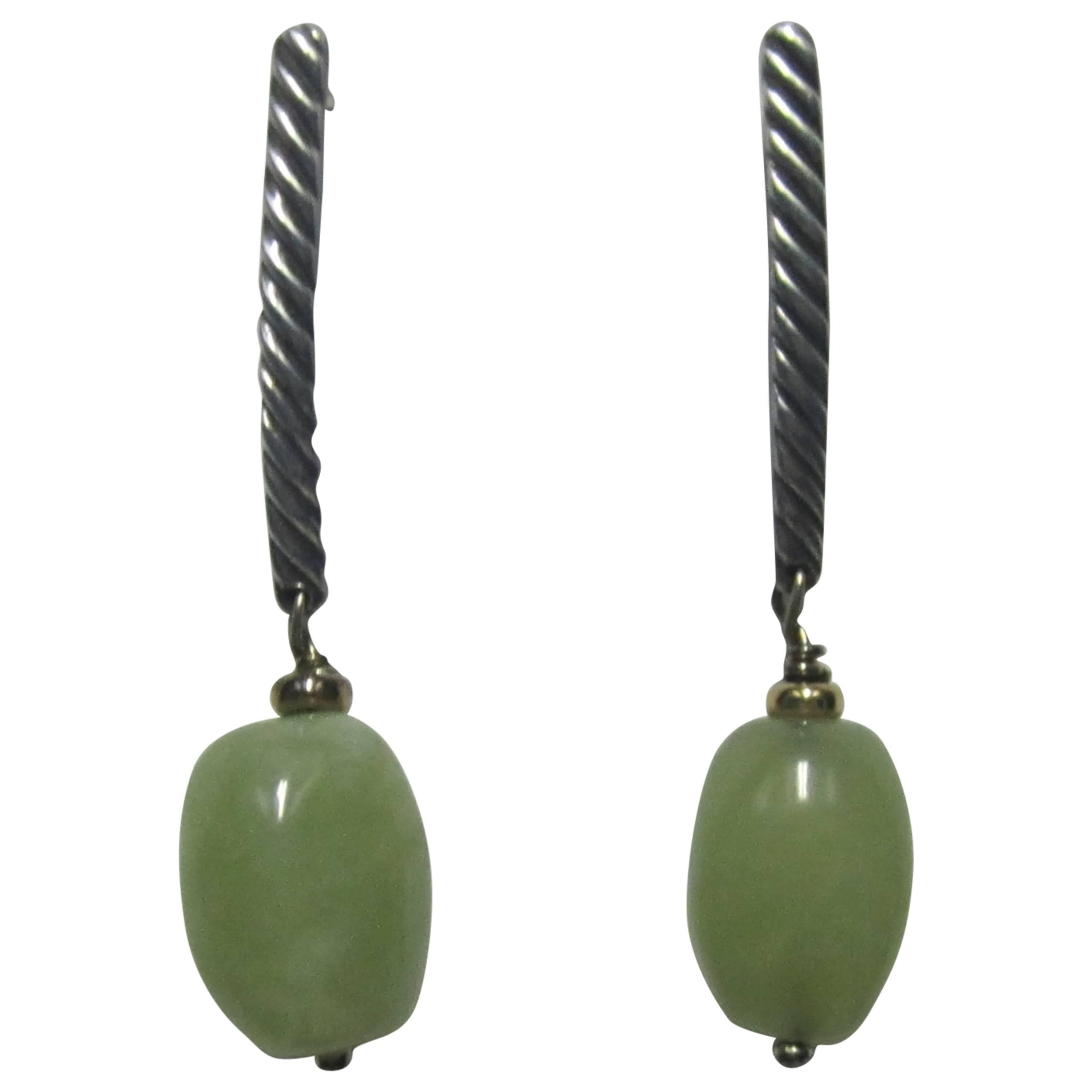 David Yurman Sterling Silver, Gold, and Green Jade Drop Earrings