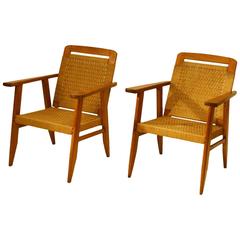 Pair of Oak and Rush Lounge Chairs by Rene Gabriel
