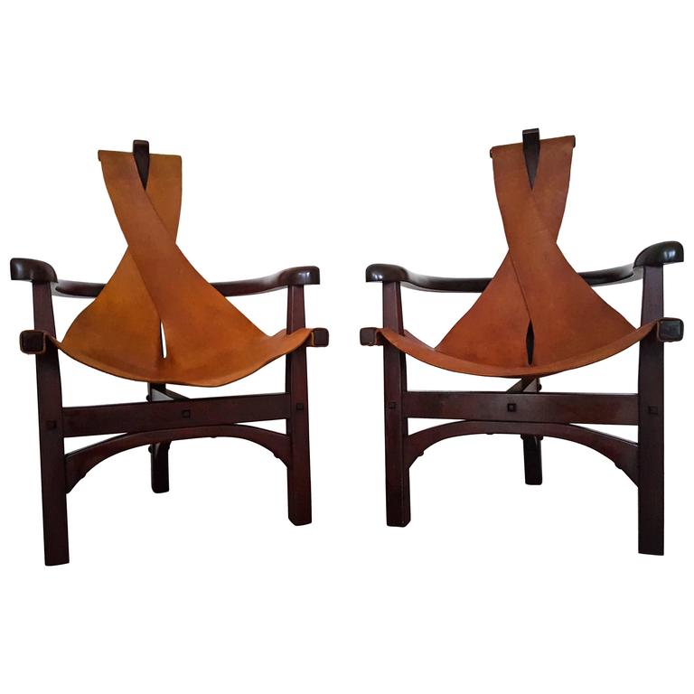 Pair of ThreeLegged Arts and Crafts Slung Leather Lounge Chairs at 1stDibs