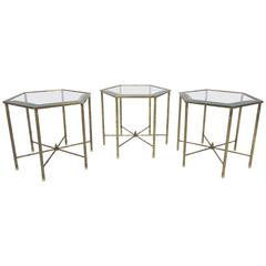 Set of Three Hollywood Regency Style Brass Hexagonal Side Tables by Mastercraft