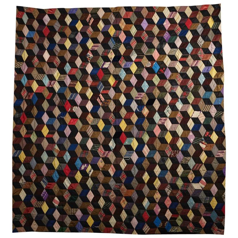 Antique Tumbling Blocks Silk Quilt at 1stDibs