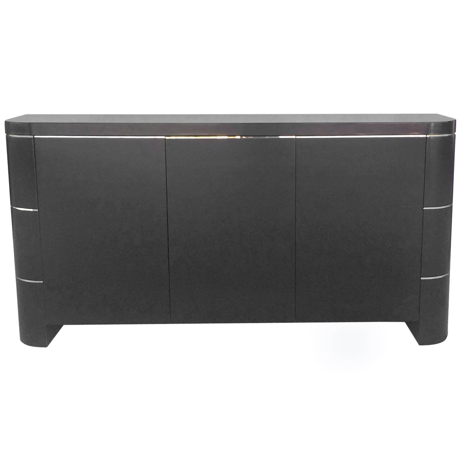 Sophisticated Three Door Credenza in Black Lacquer and Brass Banding