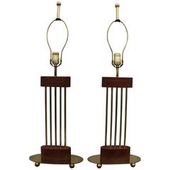 Mid-Century Modern Brass and Walnut Oval Table Lamps