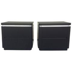 Elegant Night Stands in Black Lacquer and Brushed Steel Banding 8