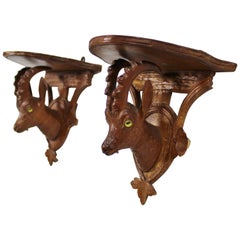 Pair of 19th Century Black Forest Carved Ibex Shelves