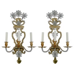 Pair of Early 20th Century, French Bronze and Crystal Sconces