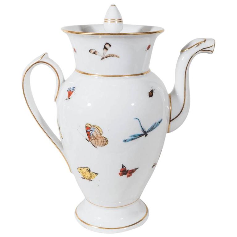 Antique Paris Porcelain Coffee Pot Painted with Butterflies and Other