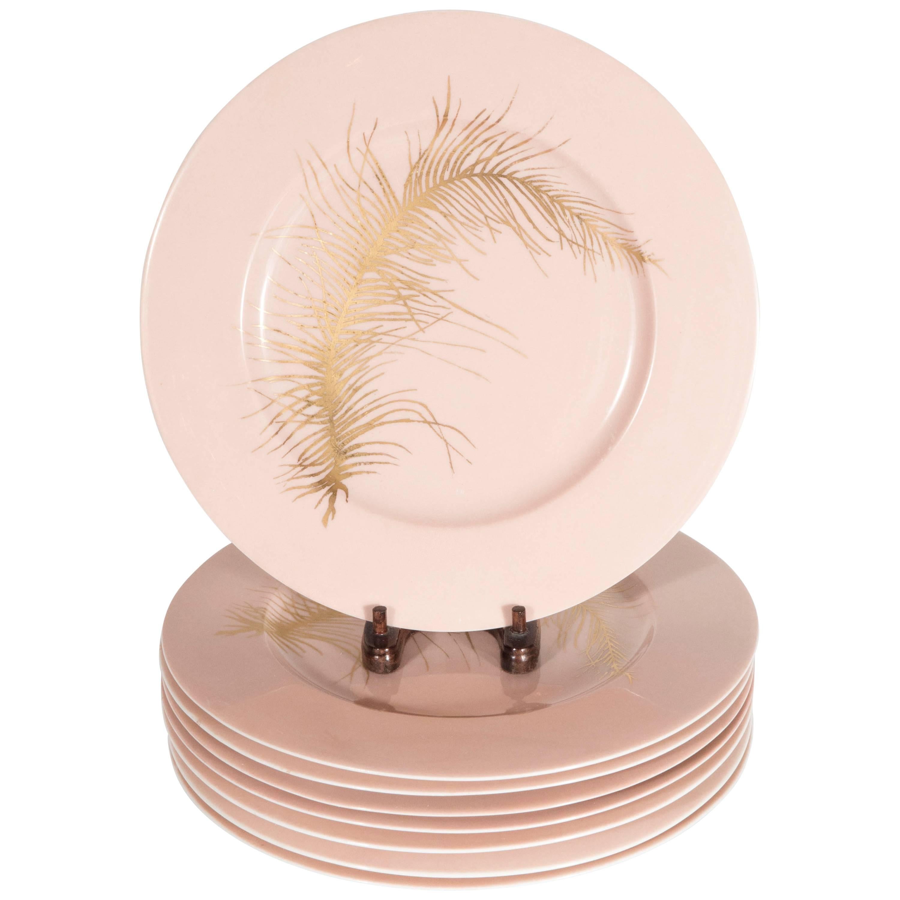 Set of Eight Dinner Plates in Salmon with 24k Gold Feather Detailing by Meissen