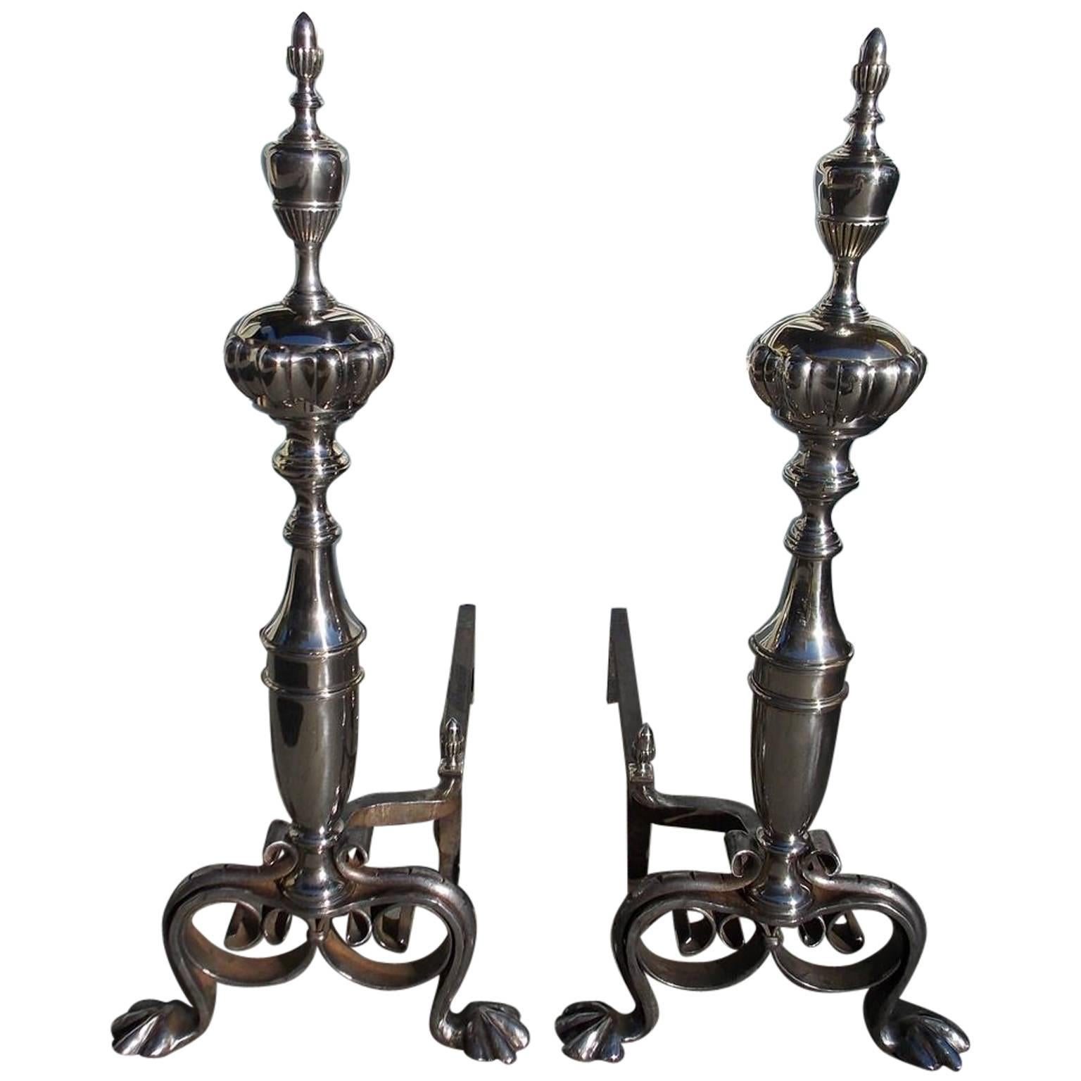 English Nickel Silver and Wrought Iron Urn Acorn Finial Andirons.  Circa 1780 For Sale