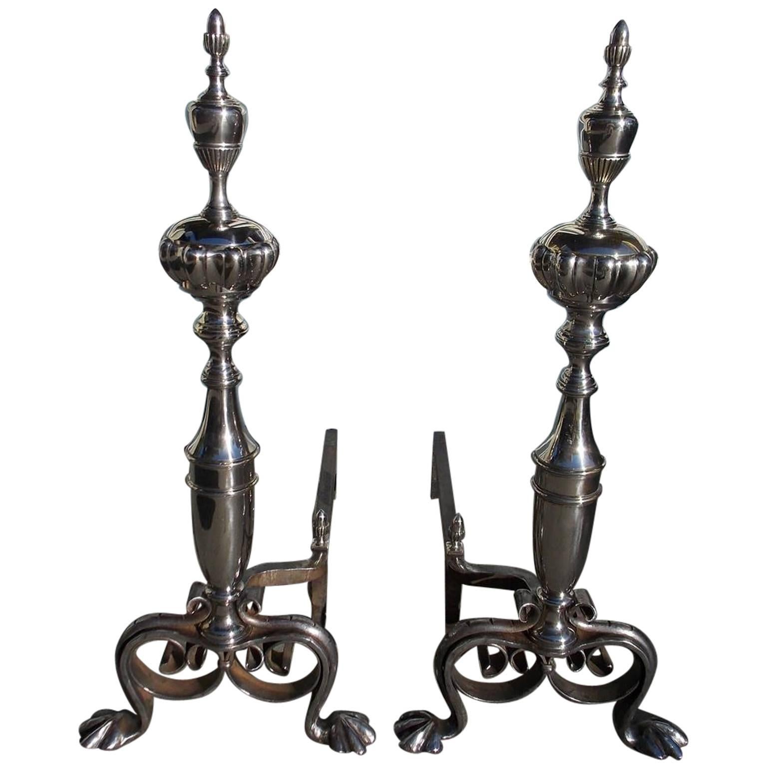 English Nickel Silver and Wrought Iron Urn Acorn Finial Andirons.  Circa 1780