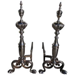 Antique English Nickel Silver and Wrought Iron Urn Acorn Finial Andirons.  Circa 1780