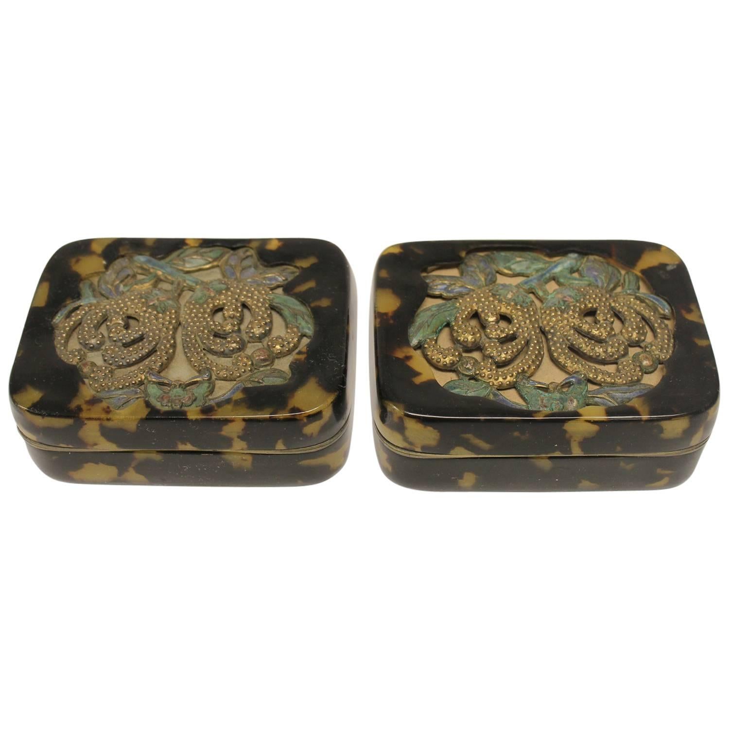 Pair Of Antique Chinese Decorative Tortoise Shell Overlay Boxes For Sale