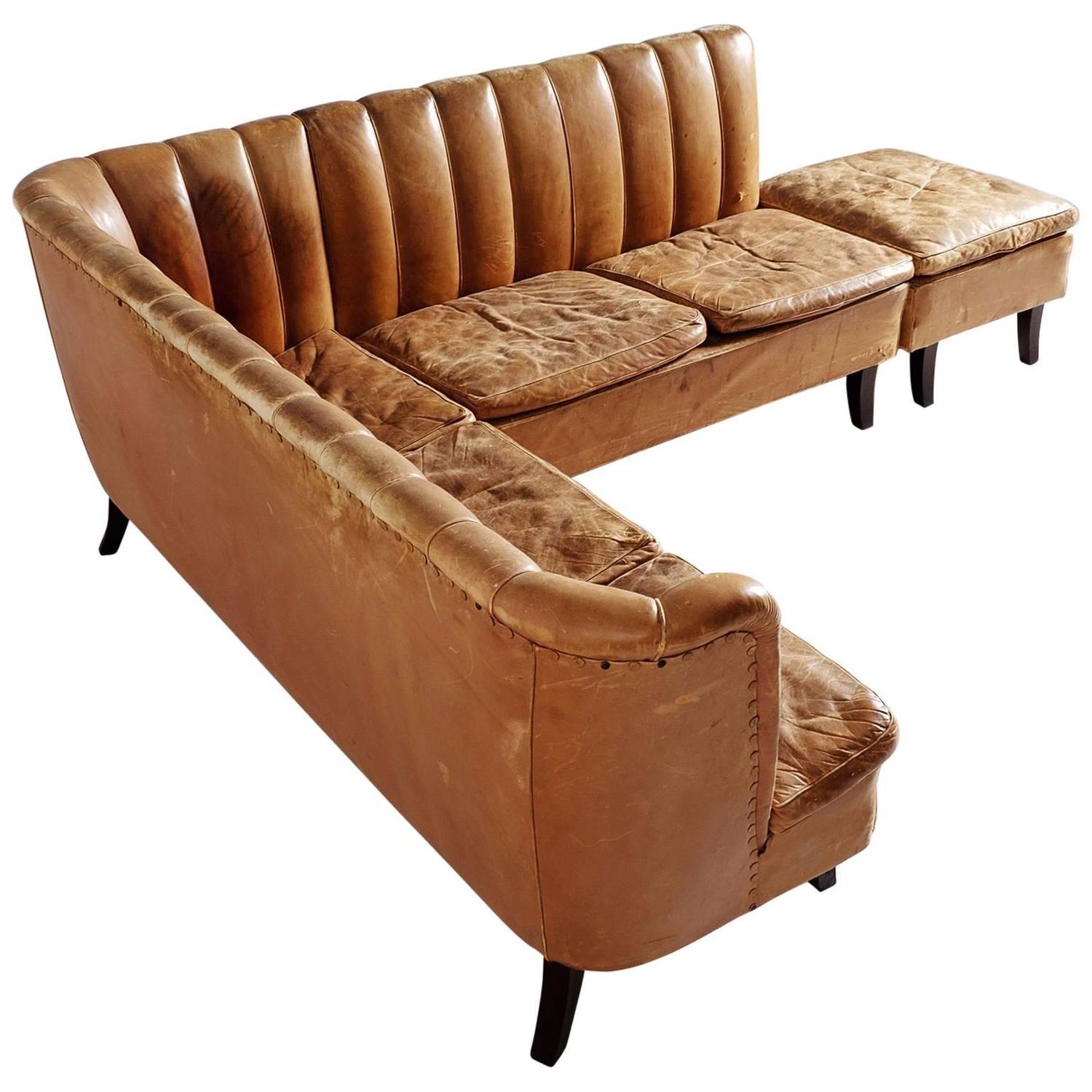 Cognac Leather Corner Sofa For Sale at 1stdibs
