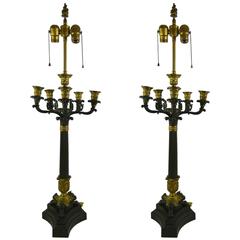 Pair of French Empire Style Bronze Candelabra Style Lamps, 19th Century