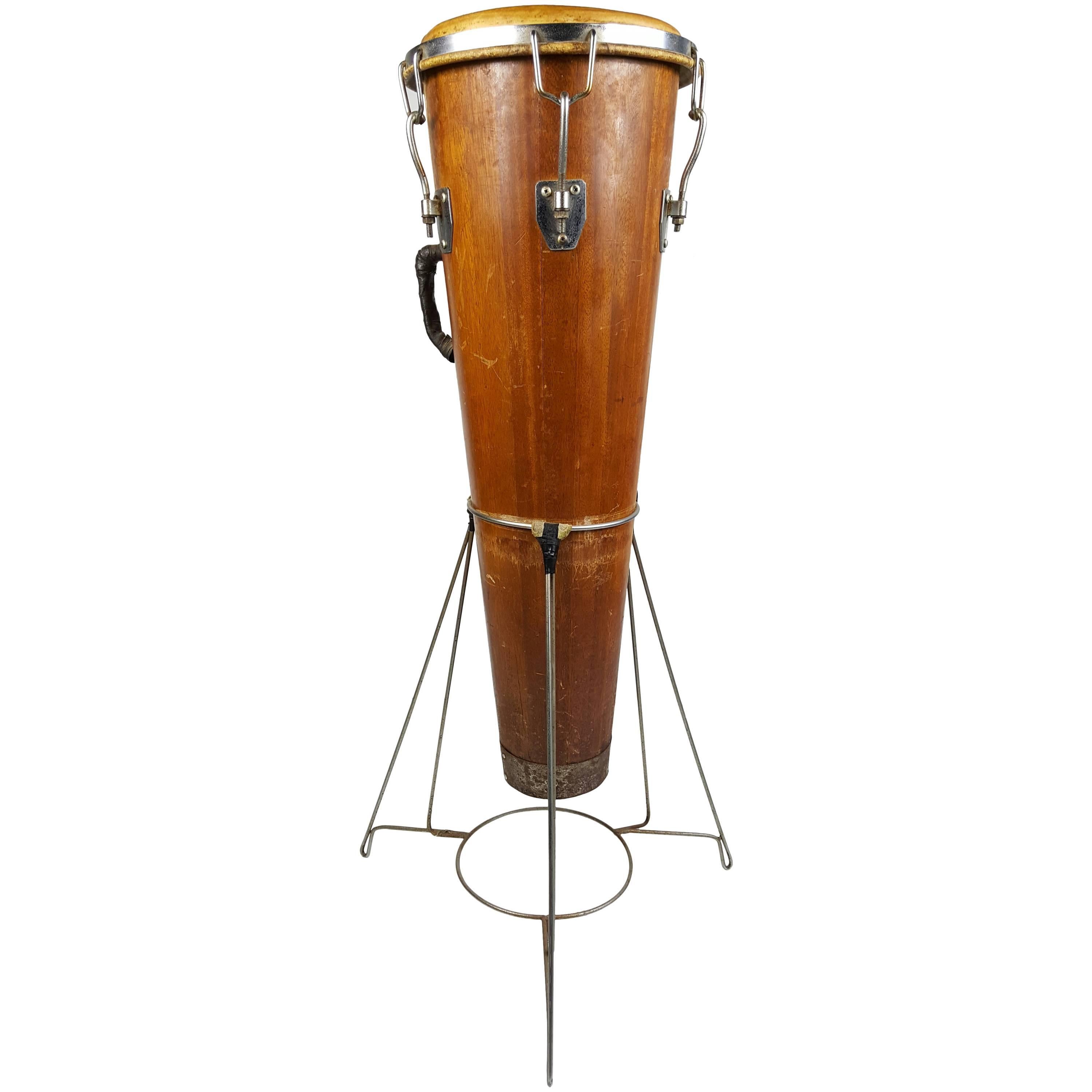 Rare Antique Gon Bop Conga Drum with Original Stand, Modernist Design