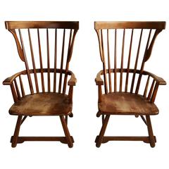 Vintage Pair of Oversized Maple Wood Windsor Fan Back Arm Chairs
