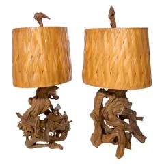 Amazing Pair of Mid-Century Gnarled Driftwood Lamps