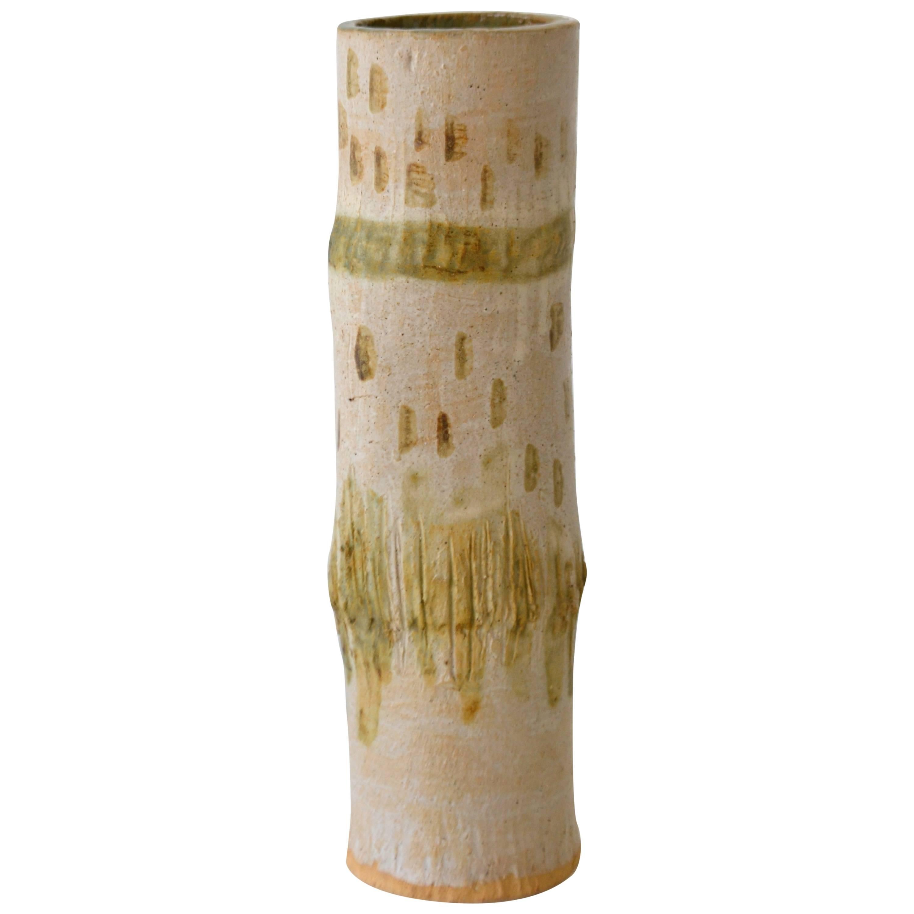 Midcentury Hand Thrown Ceramic Bamboo Form Vase For Sale at 1stDibs