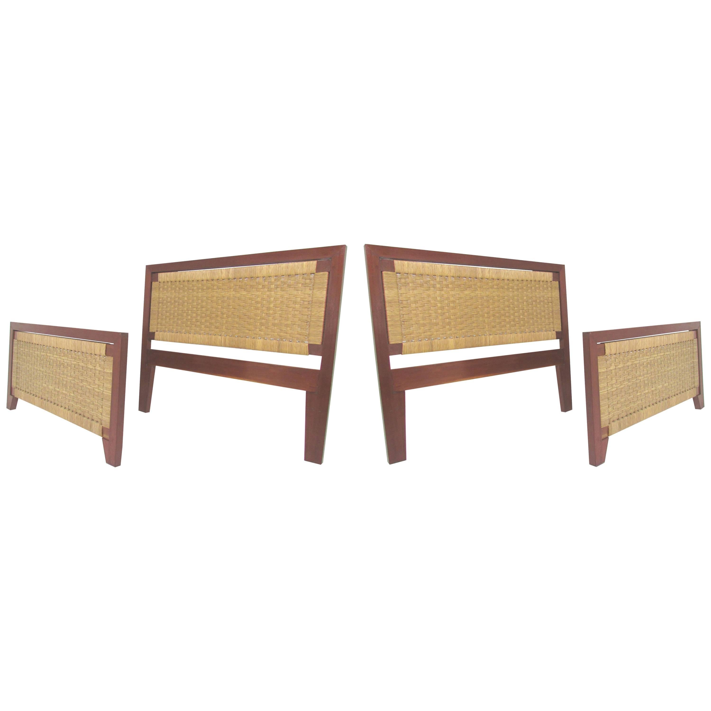 Pair of Mexican Mid-Century Single Beds with Handwoven Cane, circa 1950s