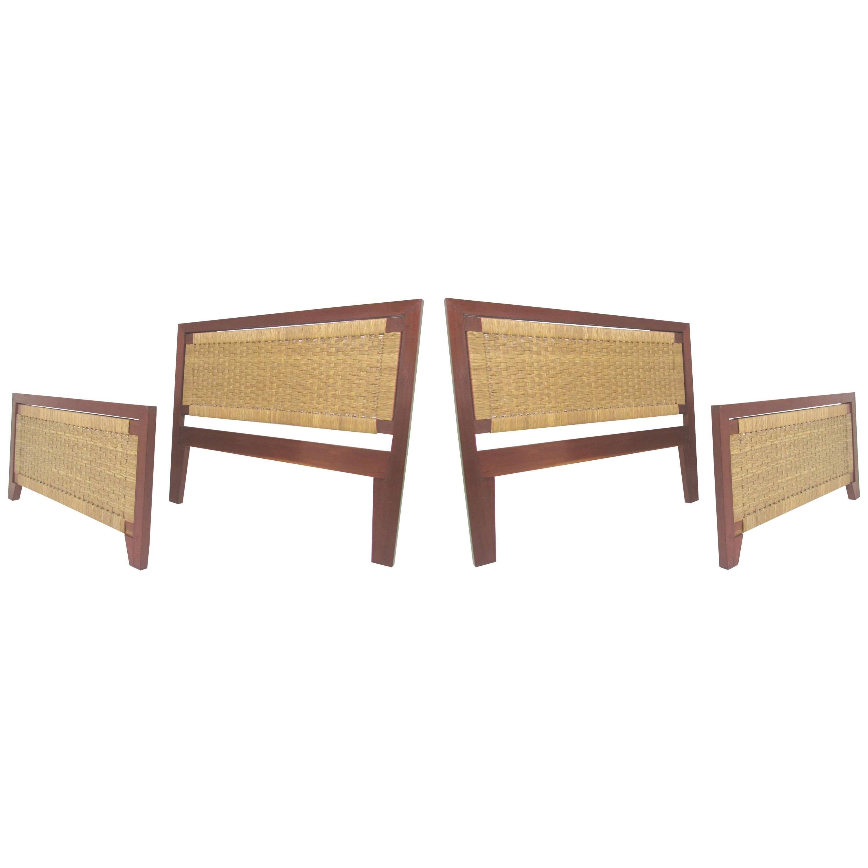Pair of Mexican MidCentury Single Beds with Handwoven Cane, circa