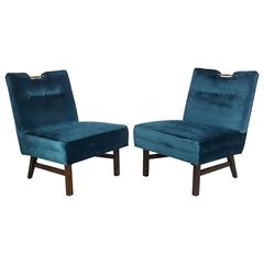 Slipper Chairs in Velvet and Walnut with Brass Detail by Harvey Probber, 1960s