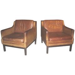 Pair of Danish Early 1960s Tobacco Colored Leather Club Chairs