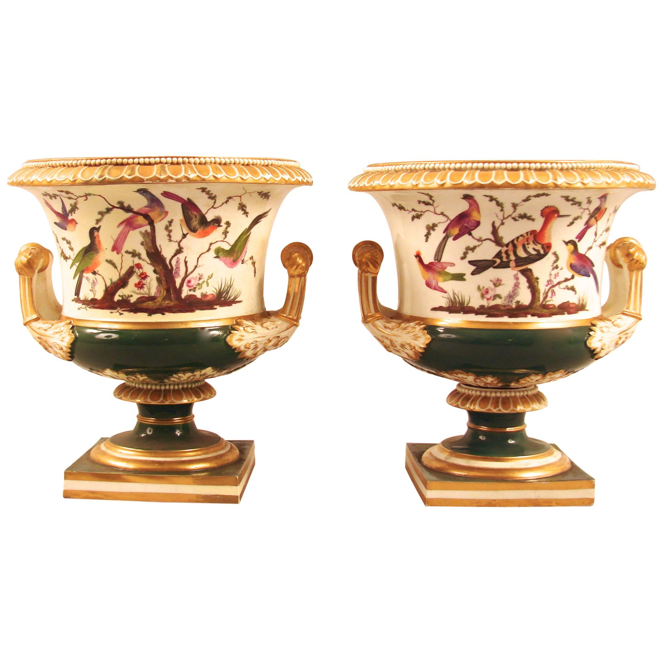 Pair of Bloor Bird Decorated Campagna Form Urns
