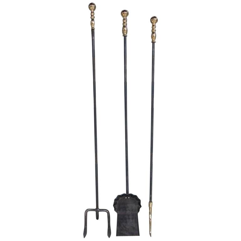 Set of American Monumental Wrought Iron and Brass Fire Tools, 19th