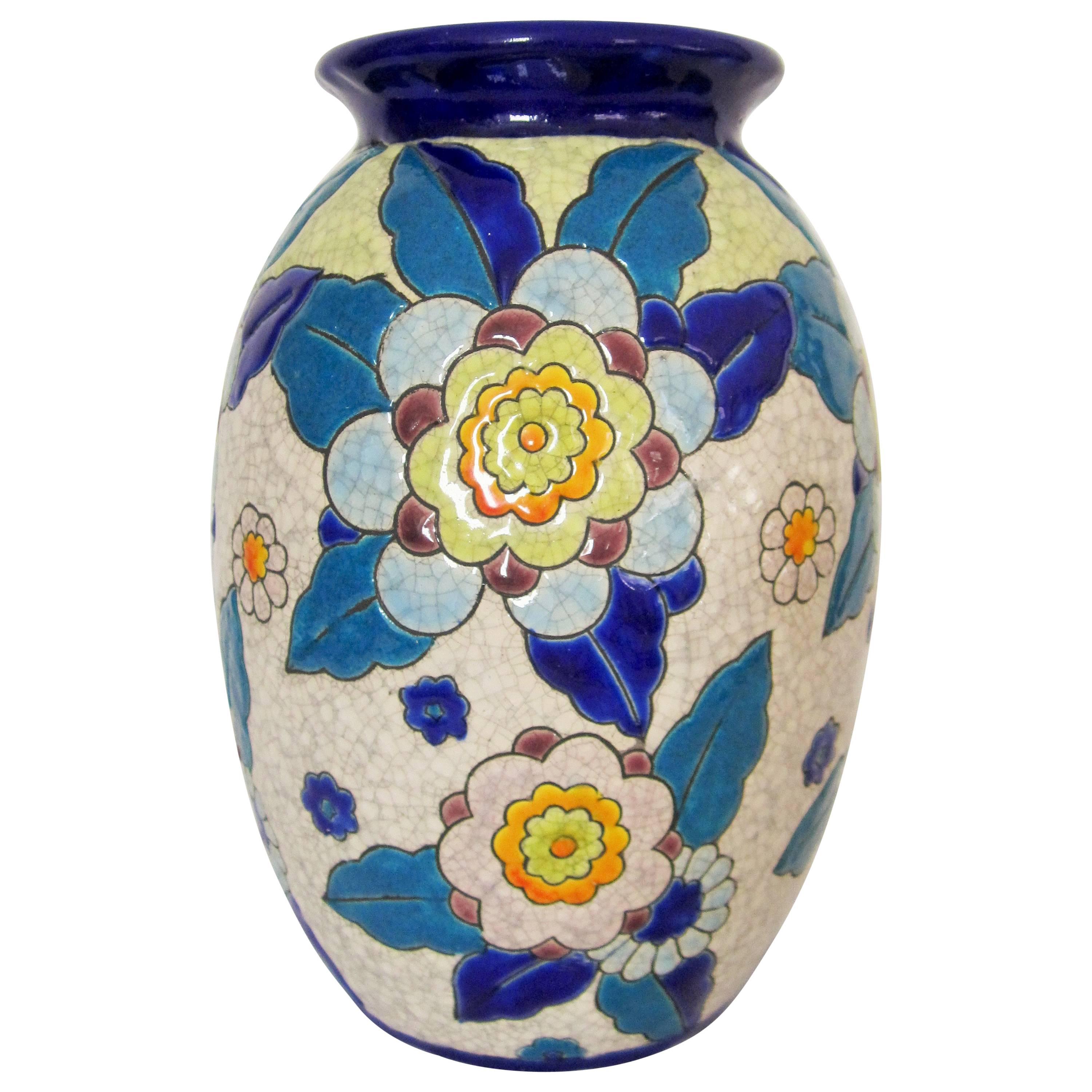 Midcentury Floral Pottery Vase in the Style of Boch Freres, Belgium
