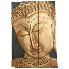 Large Serene Carved Wood Buddha Head Panel