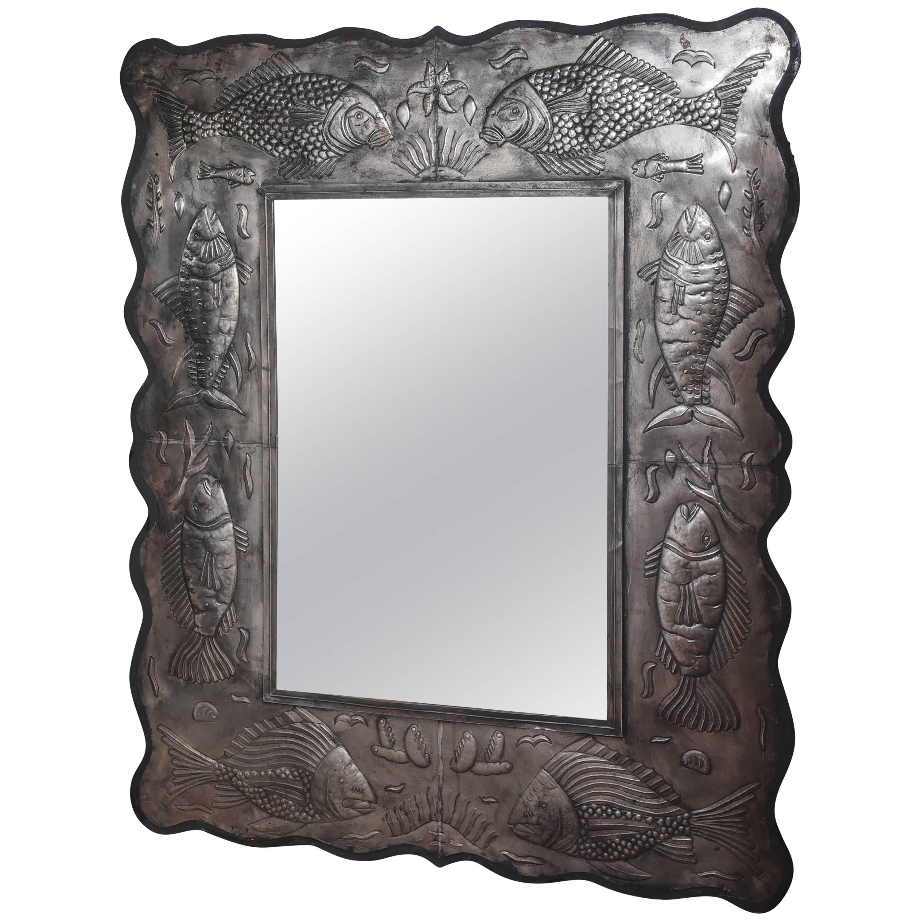Large Embossed Metal Framed Mirror with  Assorted Fish