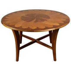 1980s Inlaid Center Table, Walnut and Maple Center Design 11