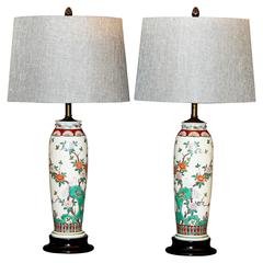 Matched Pair Vintage Japanese Porcelain Famille Verte Lamps