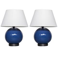 Pair of Cobalt Ceramic Table Lamps on Bronzed Metal Bases