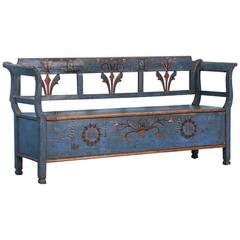 Antique Original Blue Painted Bench with Storage, dated 1912