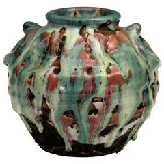 Awaji Pottery Manipulated Vase with Multicolored Volcanic Drip Glaze