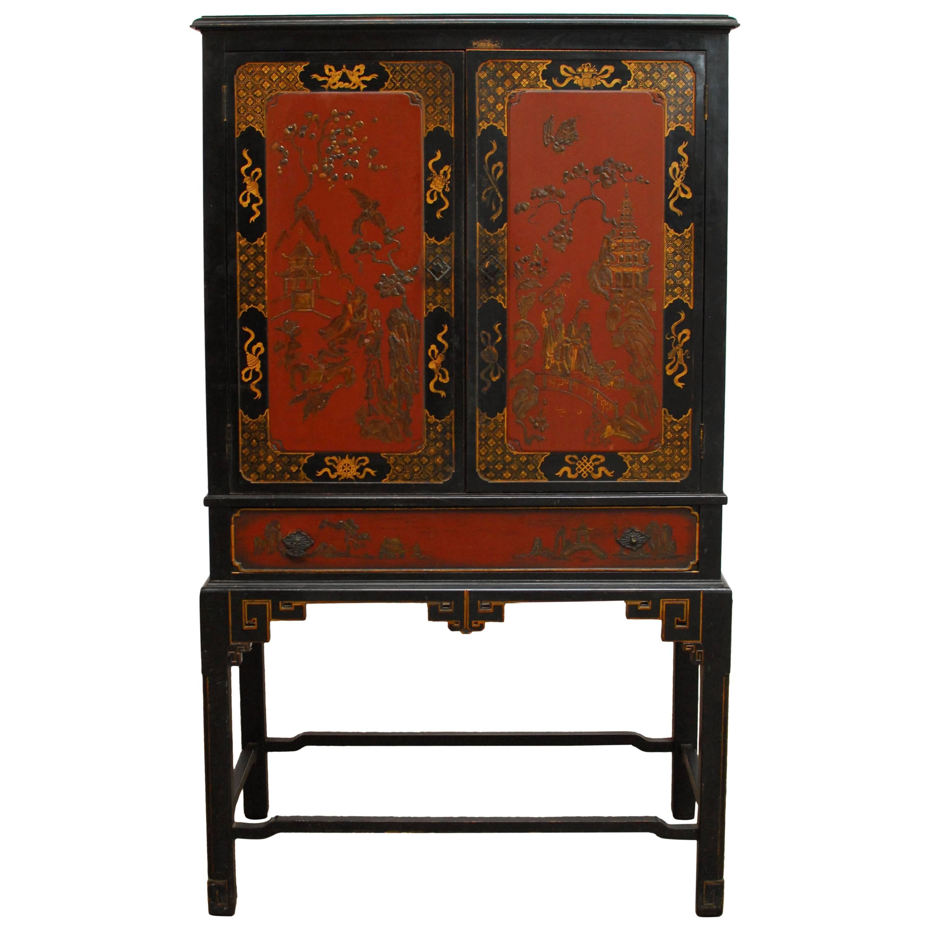 Chinoiserie Black Lacquer Cocktail Bar Cabinet