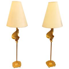 Slender Pair of Leaf Sculpture Gilt Bronze Lamps by De Waël for Fondica