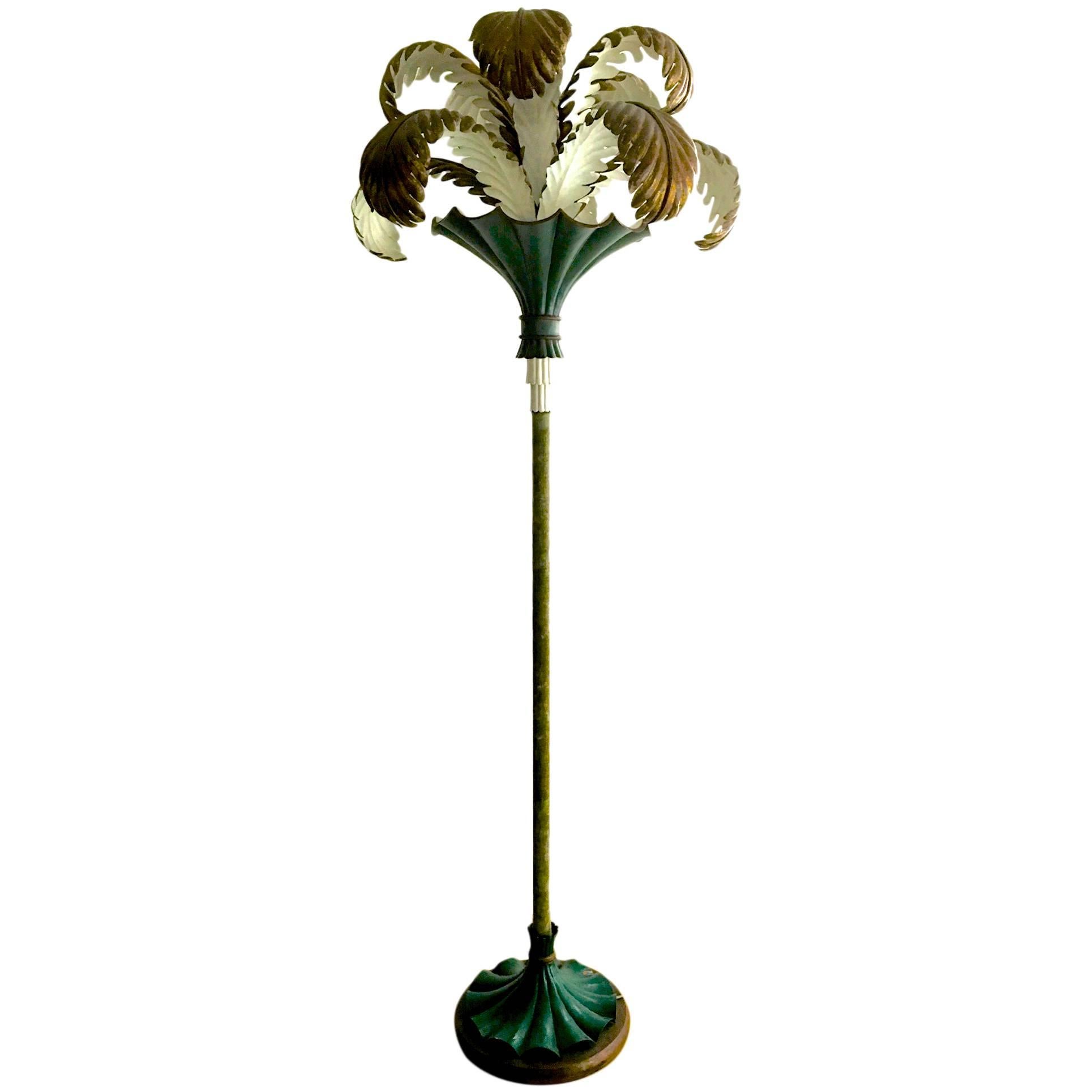 Maison Baguès Rare Baroque Floor Lamp with Tole Painted Leaves For Sale