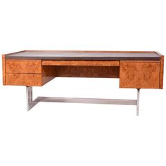 Milo Baughman Style Burl Olive and Chrome Executive Desk with Leather Top