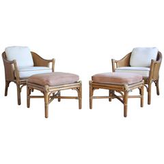 Pair or Rattan Lounge Chairs and Ottomans by McGuire