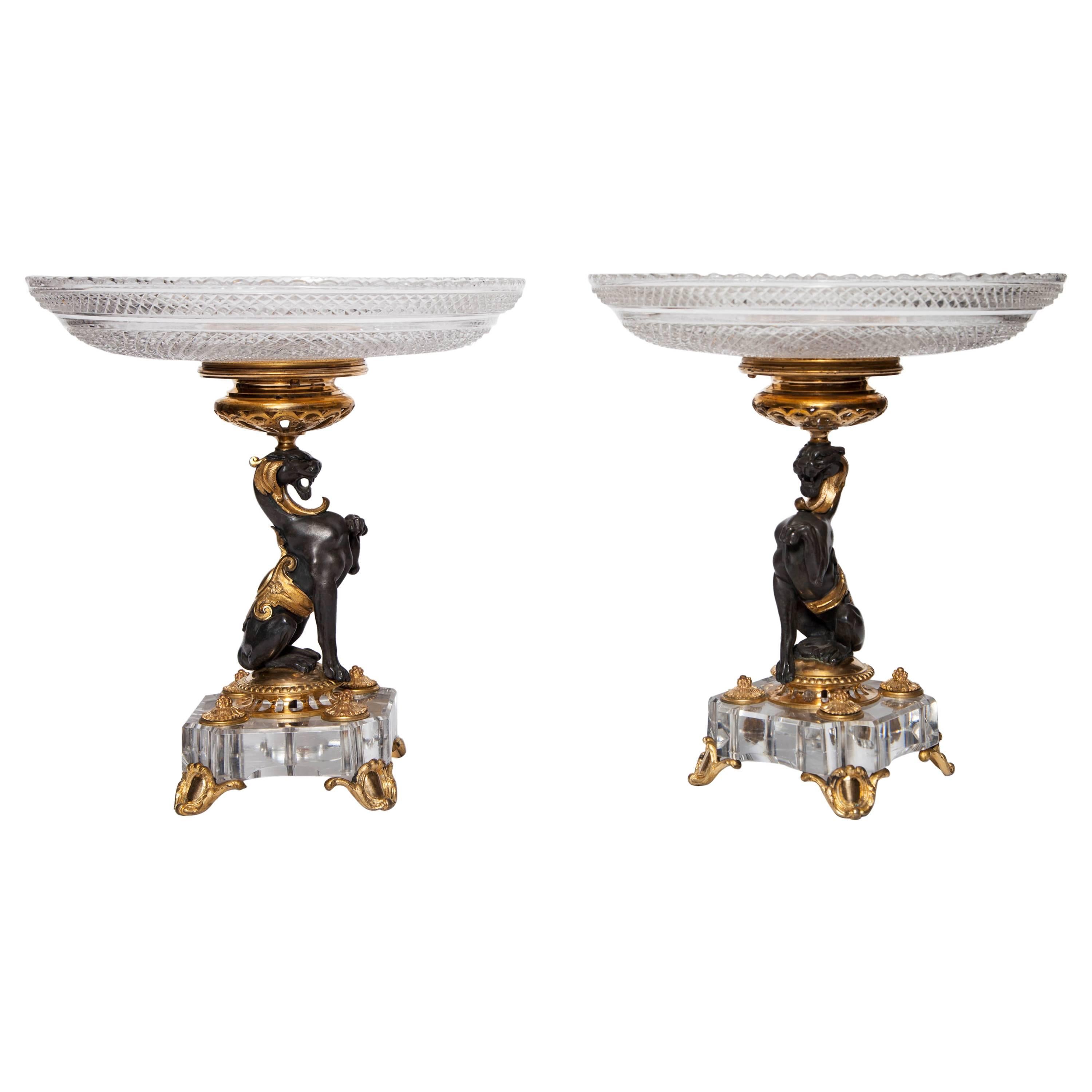 Exceptional Pair of Antique French Baccarat Crystal and Doré Bronze Compotes
