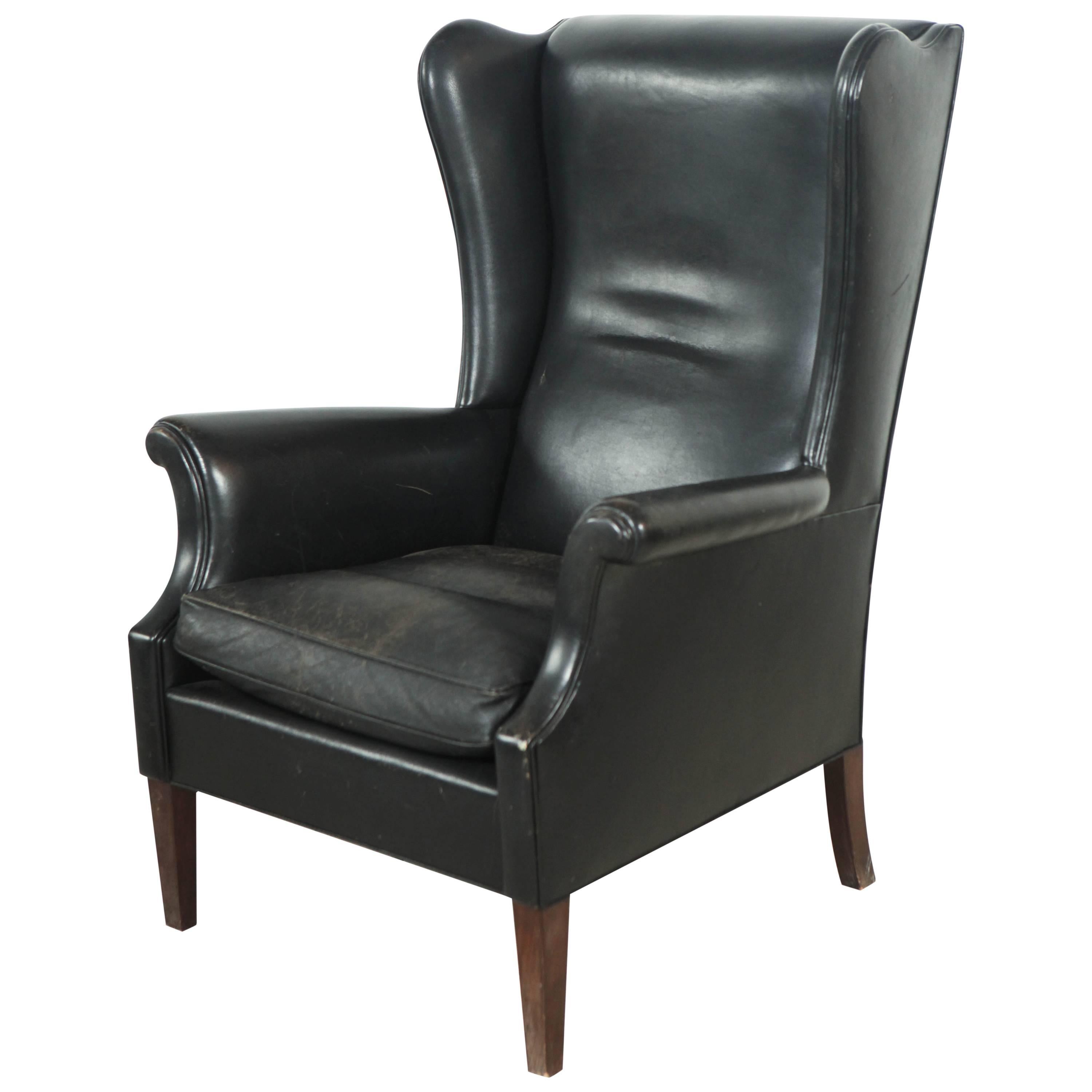 Italian Black Leather High Wingback Chair
