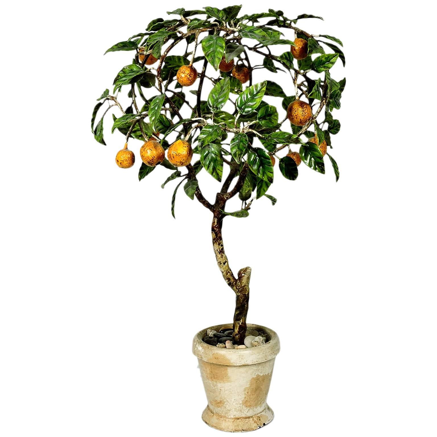 Vintage Italian Tole Painted Metal Orange Tree Topiary